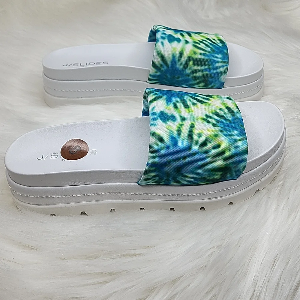 J/SLIDES NYC Brit Slide Sandal Slip On Platforms Blue Green Tie Dye